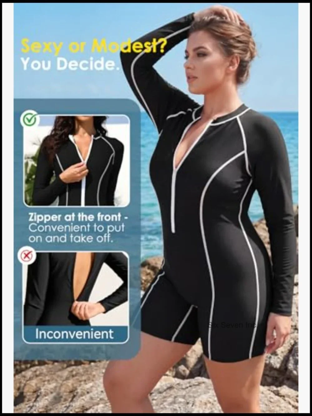 UPF 50+ Long Sleeve Rash Guard One Piece Swimsuit Front Zipper Boyleg Full - Picture 4 of 7
